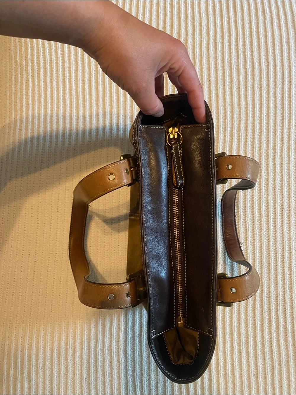 Coach Brown Suede Tote with Dark Brown Leather Straps and Brass Hardware